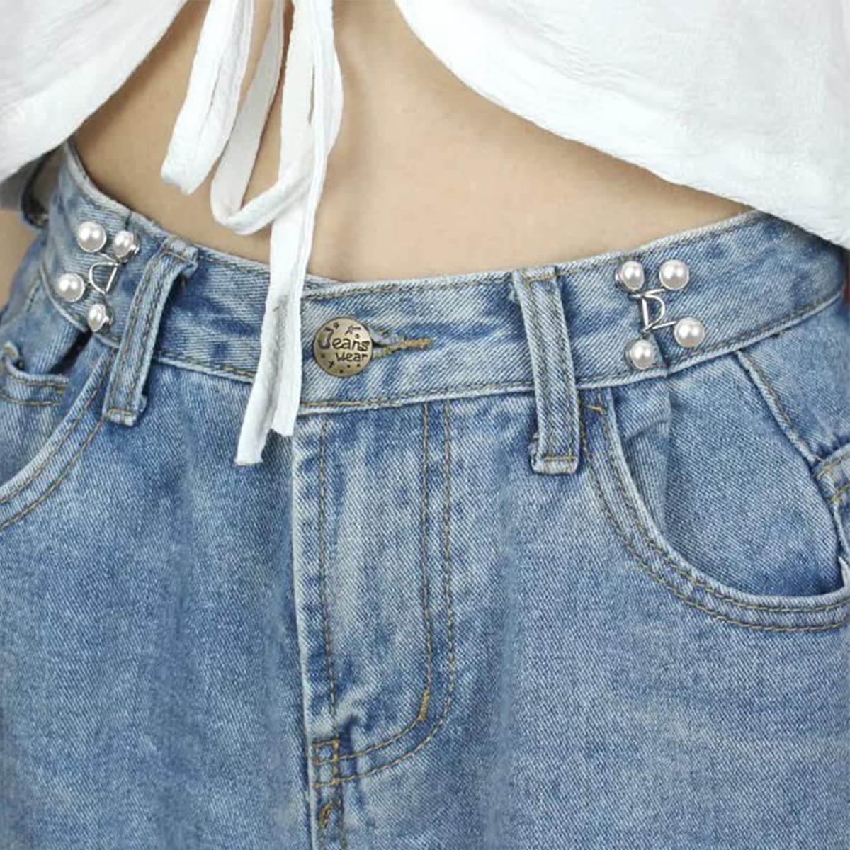 SANNIDHI 4Pcs Adjustable Waist Buckle for Loose Jeans Pants, Pearl Detachable Instant Jeans Button Pins Waist Tightener Set, Make the Waist Fit for Skirt Pants Robe, No Sewing Required SANNIDHI 4Pcs Adjustable Waist Buckle for Loose Jeans Pants, Pearl Detachable Instant Jeans Button Pins Waist Tightener Set, Make the Waist Fit for Skirt Pants Robe, No Sewing Required